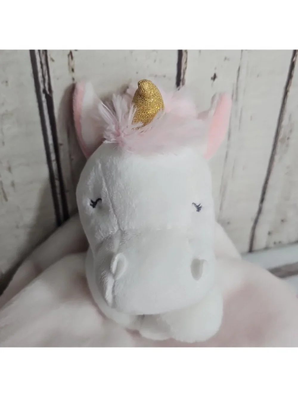 Carters White Unicorn Plush Pink Satin Trim Security Blanket Lovey Gold Horn